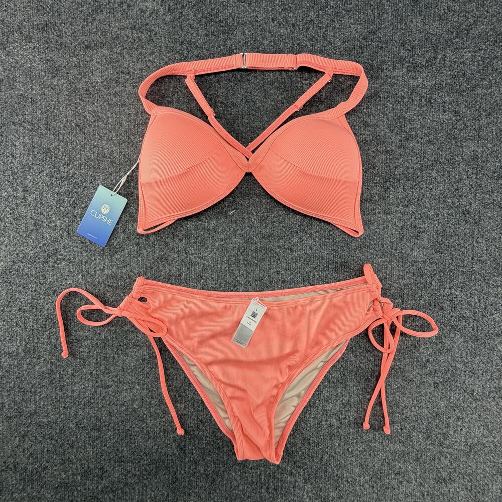 Cupshe Bikini Swimsuit Womens Large Pink Ribbed Padded Tie Side 2 Piece Set